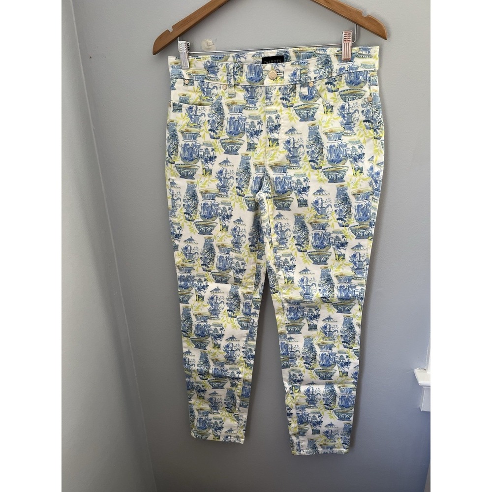 Talbots Women's Slim Ankle Jeans Size 6 White Blue Yellow Watercolor Vases Print